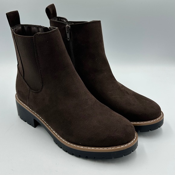 Kensie Shoes - Kensie Kayla B Boot Women 8 Brown Chelsea Suede-Look Lug Sole Side Zip Ankle